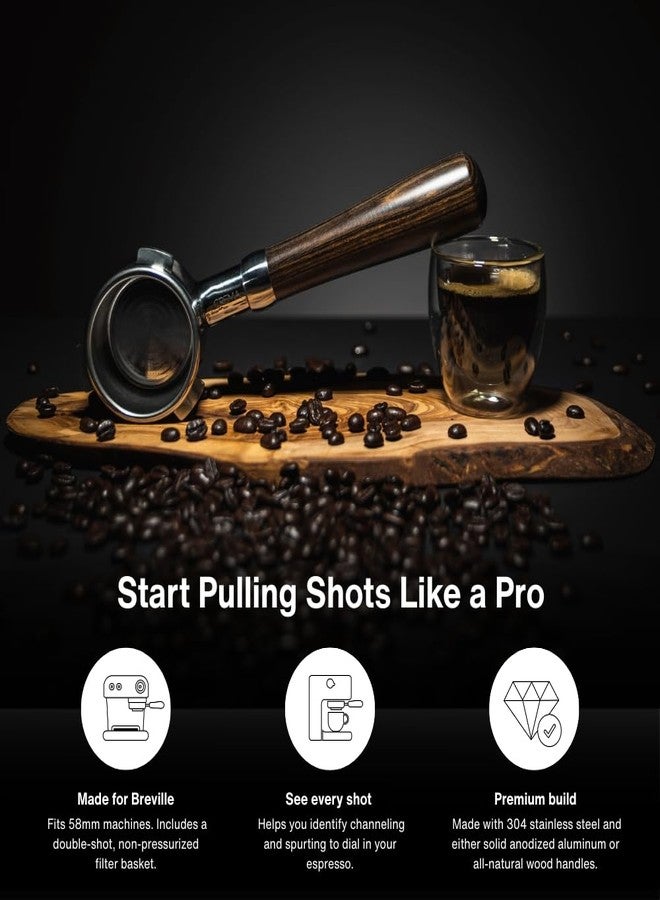 Crema Coffee Products 58mm Bottomless Naked Portafilter | Compatible with 58mm for E61 | Includes Double Shot Filter Basket | Walnut - Image 4